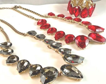 Colar extra grande com comprimento ajustável, colar de cristal, colar para baile de formatura, colar vermelho e cinza para teatro, colar para fantasia, pulseira grande estilo drag.