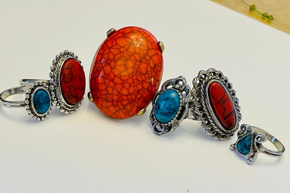 Western Rings Silver tone and Stone Red Blue Ring… - image 8