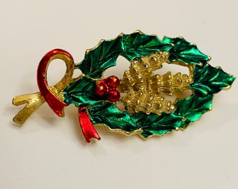 GERRY'S vintage Christmas Holiday brooch enamel holly leaves and pinecones and ribbon Signed Vintage Christmas brooch Vintage brooch signed