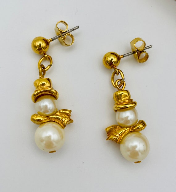 Pearl Snowman Earrings White faux Pearl Snowman E… - image 2