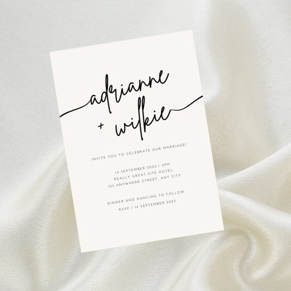 Ivory and Black Luxury Wedding Invitation Template, Modern Script Wedding Invitation, Printable, Digital Download, Editable, DIY, #1003