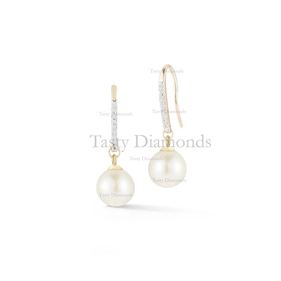 14K White Gold Diamond Pearl Drop Earrings