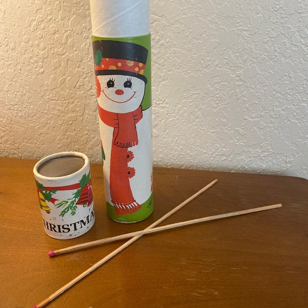 Vintage Fireplace Matchsticks in Christmas Container with Snowman and Bunny and Bird - Long Matches