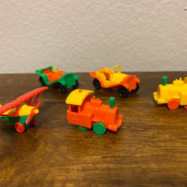 Lot of 5 Small Plastic Toys - 3 say Made in West Germany - 2 Cars, 2 Train Locomotives, 1 Fokker Airplane or Plane