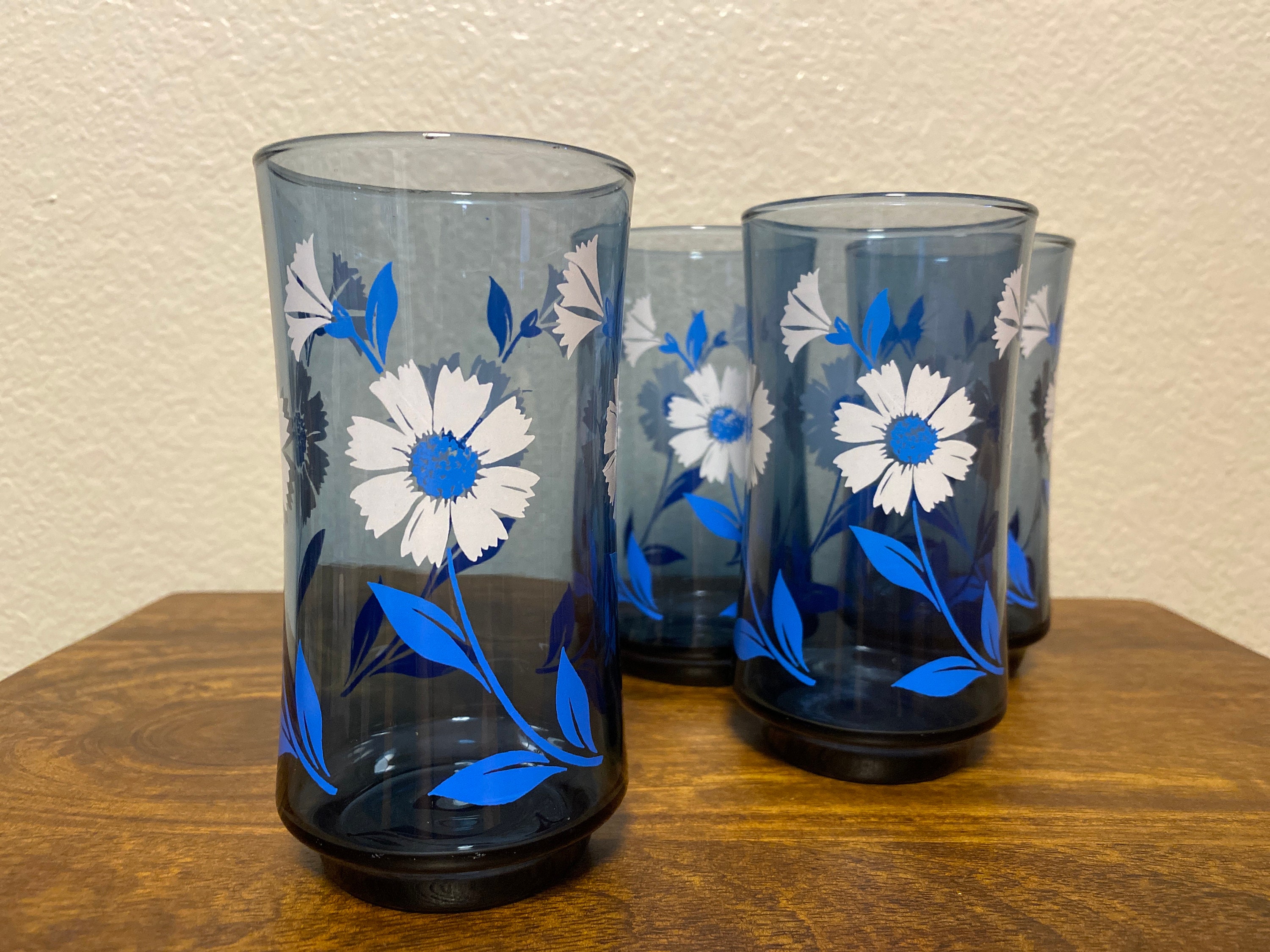 Vintage Set 3 Libby Blue Retro Floral Juice Drinking Glasses Boho Flower  Power