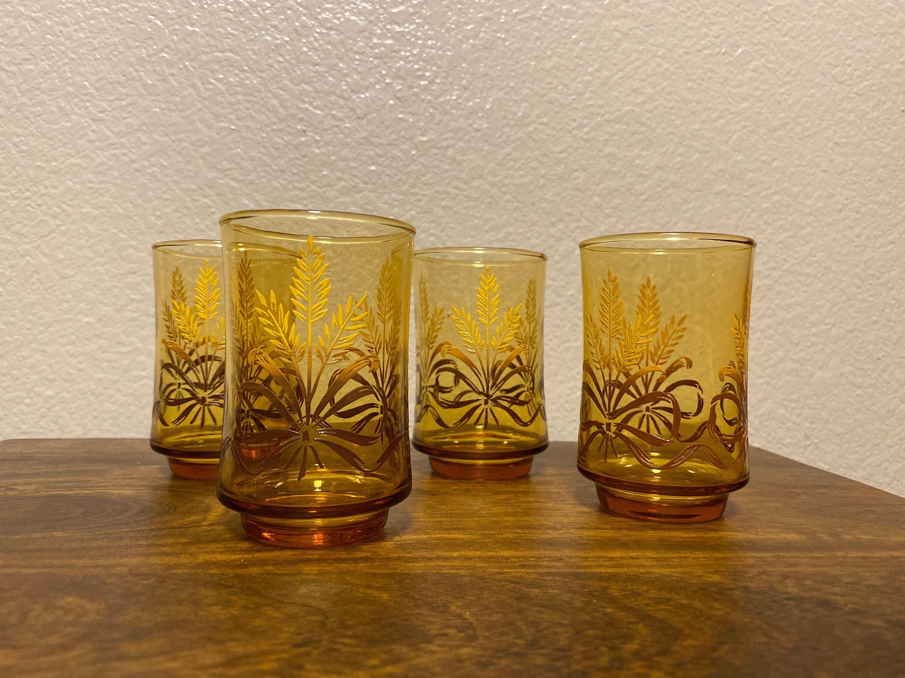 Vintage Set of 6 Yellow and Brown Wheat Glasses/ Dinner Glasses 