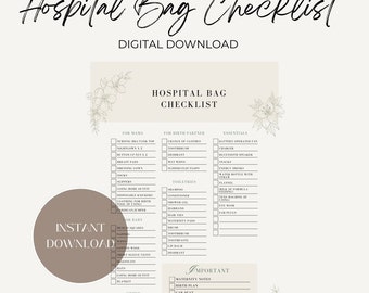 PRINTABLE Hospital Bag Checklist, Hospital Birth Checklist Download, Print at home Birth Checklist, Download Hospital Bag List.