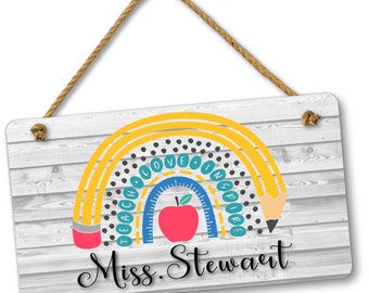 Teacher Classroom Sign - Hanging Personalized Name Door & Wall Plaque, Custom Rainbow Design