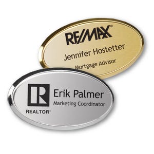 Custom Stainless Steel OVAL Metal Silver & Gold Badge Name Tag with Magnet Fastener 2.75"x1.5". Your Logo Printed. Professional Name Tag.