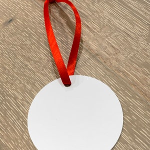 Double Sided Aluminum 3&quot; Round Circle White Glossy Ornament Sublimation Blanks with Red Ribbon, Christmas