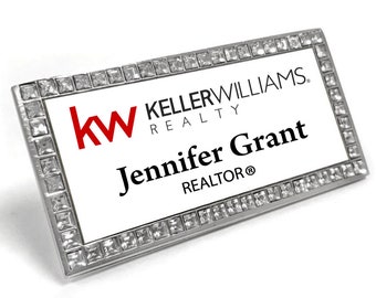 Custom BLING RHINESTONE Silver Sparkle Metal Badge Name Tag with Magnet Back. Crystal. Jeweled. Bedazzled Magnetic Name Tag. Any Logo.