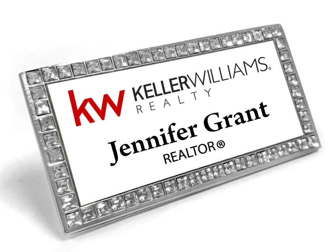 Custom Bling Rhinestone Magnetic Name Tag: Silver Sparkle Professional Metal Badge. For Adults.