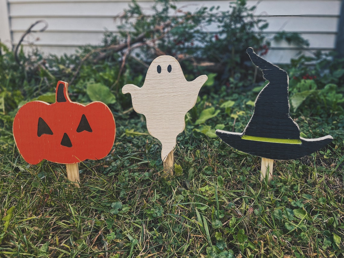 Halloween Yard Stakes Ghost Witch Pumpkin Wood Halloween Etsy