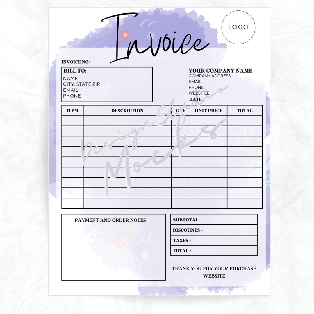 Pretty in Purple Editable Invoice Template , Small Business, Custom Order Form, Print, Invoice ...