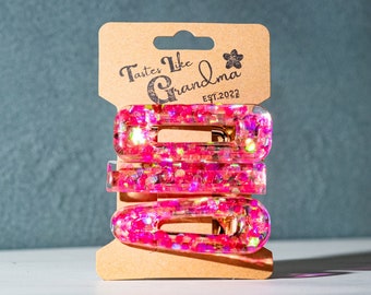 Set of 3 Pink Glitter Sprinkles Hair Barrettes | Resin Hair Barrettes