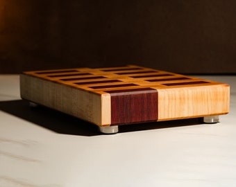 End Grain Bar Board 7x9.25x1.5 | Handcrafted specific for Cocktails | Maple and Purple Heart | Brass, Stainless Steel, Rubber Feet