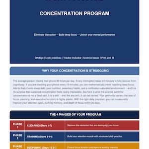 30-Day Focus and Concentration Program PDF | Deep Work Planner | Eliminate Distraction | Attention Training | Printable Productivity
