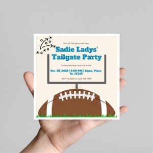 May include: A tan invitation with a blue and white football goalpost and a brown football. The text reads "Sadie Ladys' Tailgate Party" with the date and time "Oct. 30, 2022 | 5:00 PM | Some, Place St. 12345" and the RSVP information "RSVP to Sadie at (123) 456-7890".