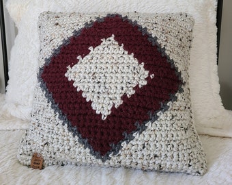 Rustic Crocheted Pillow 18"X18" | Geometric Pillow | Burgundy Pillow | Boho Throw Pillow | Rustic Decor | Western | Farmhouse Toss Pillow
