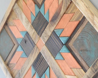 Western Wood Quilt Block | Rustic Wood Wall Art | Boho Wall Hanging | Reclaimed Wood Decor | Barn Quilt | Copper and Turquoise Wall Decor |