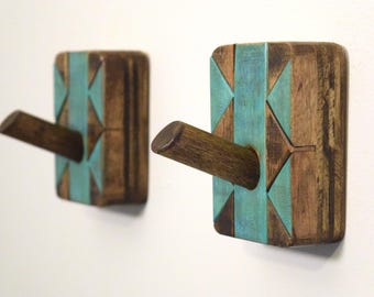 Reclaimed Wood Wall Hook | Rustic Western Decor, Hat/Towel Hanger | Geometric Design | Aztec Southwestern Peg Hook