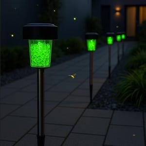 K&ouml;nnte beinhalten: Eine Reihe von solarbetriebenen Wegbeleuchtungen mit gr&uuml;n leuchtenden Kugeln im Inneren. Die Leuchten stehen auf einem gepflasterten Weg in einem Garten bei Nacht.