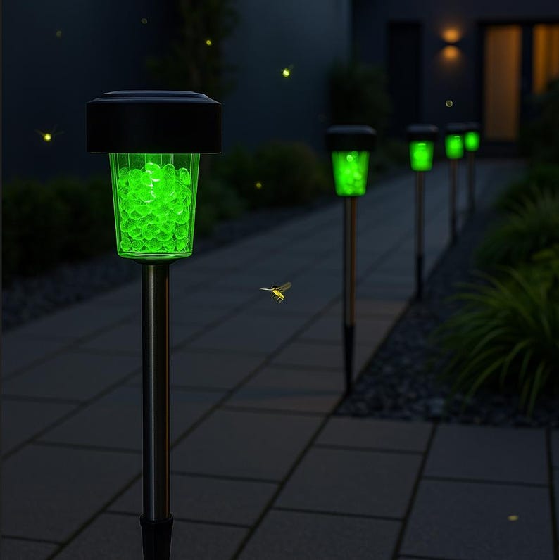 K&ouml;nnte beinhalten: Eine Reihe von solarbetriebenen Wegbeleuchtungen mit gr&uuml;n leuchtenden Kugeln im Inneren. Die Leuchten stehen auf einem gepflasterten Weg in einem Garten bei Nacht.