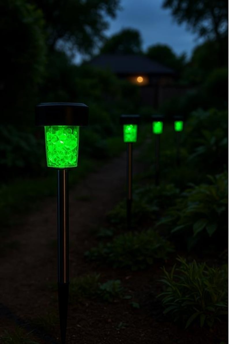 K&ouml;nnte beinhalten: Eine Reihe von vier solarbetriebenen Wegbeleuchtungen mit gr&uuml;nen LED-Lichtern. Die Lichter befinden sich auf einem Weg in einem Garten bei Nacht.