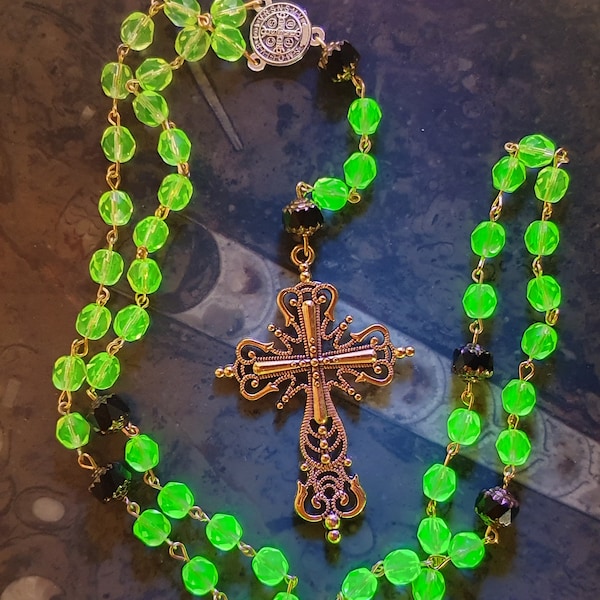 Rosary gothic cross from czech Uranium glass beads vintage style jewelry #24067