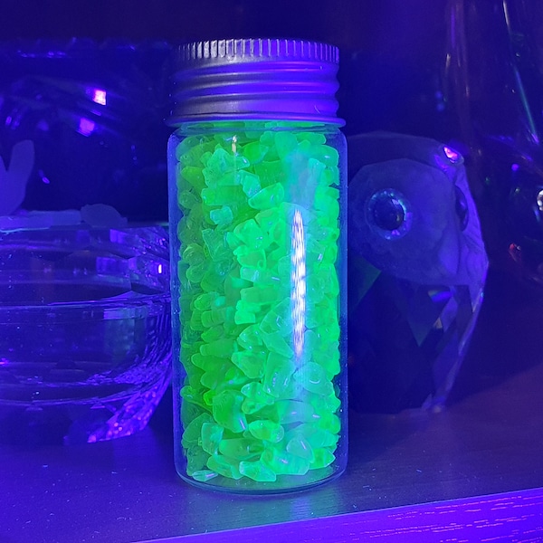 Yellow Crushed Uranium Glass in vial UV reactive Glowing