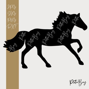 Può includere: Silhouette nera di un cavallo che corre con il testo "Potter Bay" ripetuto su tutta l'immagine.