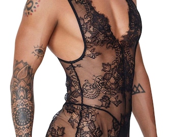 Men's Lace Bodysuit Color Black. Sleepwear, Underwear, Loungewear