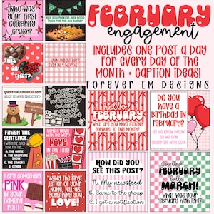 May include: A social media graphic with a February theme, featuring various prompts and questions. The design includes red and pink elements, with text such as "February Engagement" and "Happy Groundhog Day!"