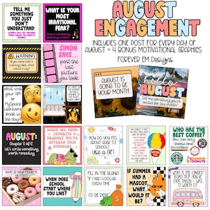 May include: A collection of colorful social media graphics for August engagement, featuring various prompts and questions. Includes graphics with text like "August is going to be your month" and "Hello August".