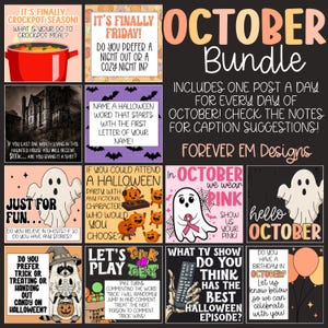 May include: A collection of Halloween-themed social media posts. The posts feature various prompts and questions related to the holiday, including crockpot meals, haunted houses, ghosts, trick-or-treating, and Halloween TV episodes. The overall design is festive with orange, purple, and black colors.