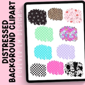 Op de afbeelding: Een digitale tablet toont een verzameling distressed achtergrond clipart ontwerpen. De ontwerpen omvatten patronen zoals sterren, luipaardprint, kersen, smiley gezichten en dambordpatronen in verschillende kleuren. Tekst aan de linkerkant luidt "DISTRESSED BACKGROUND CLIPART" en "FOREVER EM DESIGNS".