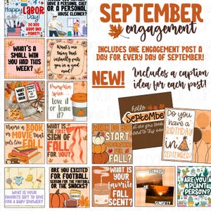 May include: A collection of social media posts with fall-themed prompts, including questions about favorite scents, books, and football. The posts are designed for engagement and include a variety of graphics and text.