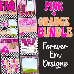 以下が含まれることがあります： ピンクとオレンジのデジタルデザイン要素のコレクション。デザインには、「FAQ」、「Shop Our Website」、「Pink + Orange Bundle」などのフレーズが含まれています。全体的なテーマは、大胆で人目を引く美学です。