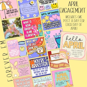 Puede incluir: Un conjunto de 10 tarjetas digitales imprimibles coloridas con indicaciones para la participación en las redes sociales en abril. Las tarjetas presentan una variedad de temas, que incluyen la limpieza de primavera, los cumpleaños y el Día de los Inocentes. El texto en las tarjetas incluye frases como "¿Cómo te sientes con los días lluviosos?", "¿Cuál es tu sabor favorito de Alani?", "¿Cuál fue el último programa que viste?", "¡Estás arrestado!", "¿Ya empezaste la limpieza de primavera?", "Hola abril" y "¡Feliz Día de los Inocentes!"