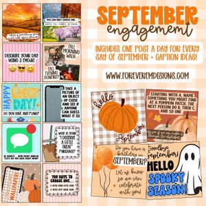 Peut inclure: Un calendrier de contenu numérique pour les réseaux sociaux pour septembre avec des graphiques orange et marron, des textes, des illustrations de citrouilles et un fantôme. La mise en page inclut des carrés avec des thèmes saisonniers.