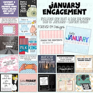 May include: A social media graphic for January engagement, featuring prompts for daily posts. Includes questions about favourite shows, winter words, and goals. The design incorporates a camera, calendar, and the text "January Engagement."