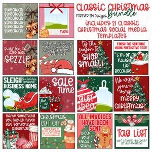 Puede incluir: Un conjunto de 21 plantillas de redes sociales con temática navideña. Las plantillas presentan gráficos festivos, incluyendo adornos, un árbol de Navidad, un trineo y cajas de regalo. El texto incluye frases como "Giveaway", "Shop Small" y "Merry Christmas."