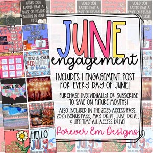 Può includere: Una grafica colorata che promuove post di coinvolgimento di giugno. L'immagine presenta la parola "June" in lettere grandi. Il testo recita: "Include 1 post di coinvolgimento per ogni giorno di giugno!" e "Forever Em Designs."