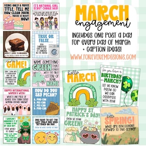 May include: A collection of colorful social media posts with text prompts for March engagement. Themes include Girl Scout Cookie Day, St. Patrick's Day, and Spring. The posts feature illustrations of brownies, rainbows, and emojis.