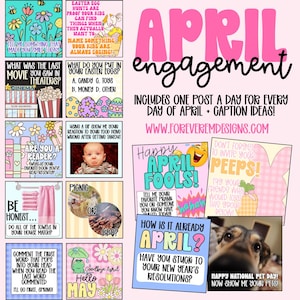 Könnte beinhalten: Eine Sammlung farbenfroher Social-Media-Posts mit April-Themen und Grafiken. Das Bild enthält Text wie "April Engagement", "Happy April Fools!" und "Happy National Pet Day!". Die Beiträge sind für das Engagement konzipiert.