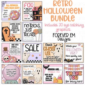May include: A collection of square graphics with a retro Halloween theme. The images feature ghosts, candy corn, and phrases like "Happy Halloween" and "No Tricks, Just Treats!" The bundle includes 30 eye-catching graphics.