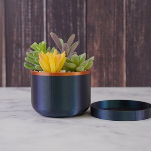 Op de afbeelding: Een donkerblauwe pot met een koperen rand, gevuld met verschillende vetplanten, waaronder een gele vetplant. De pot staat op een wit marmeren oppervlak.