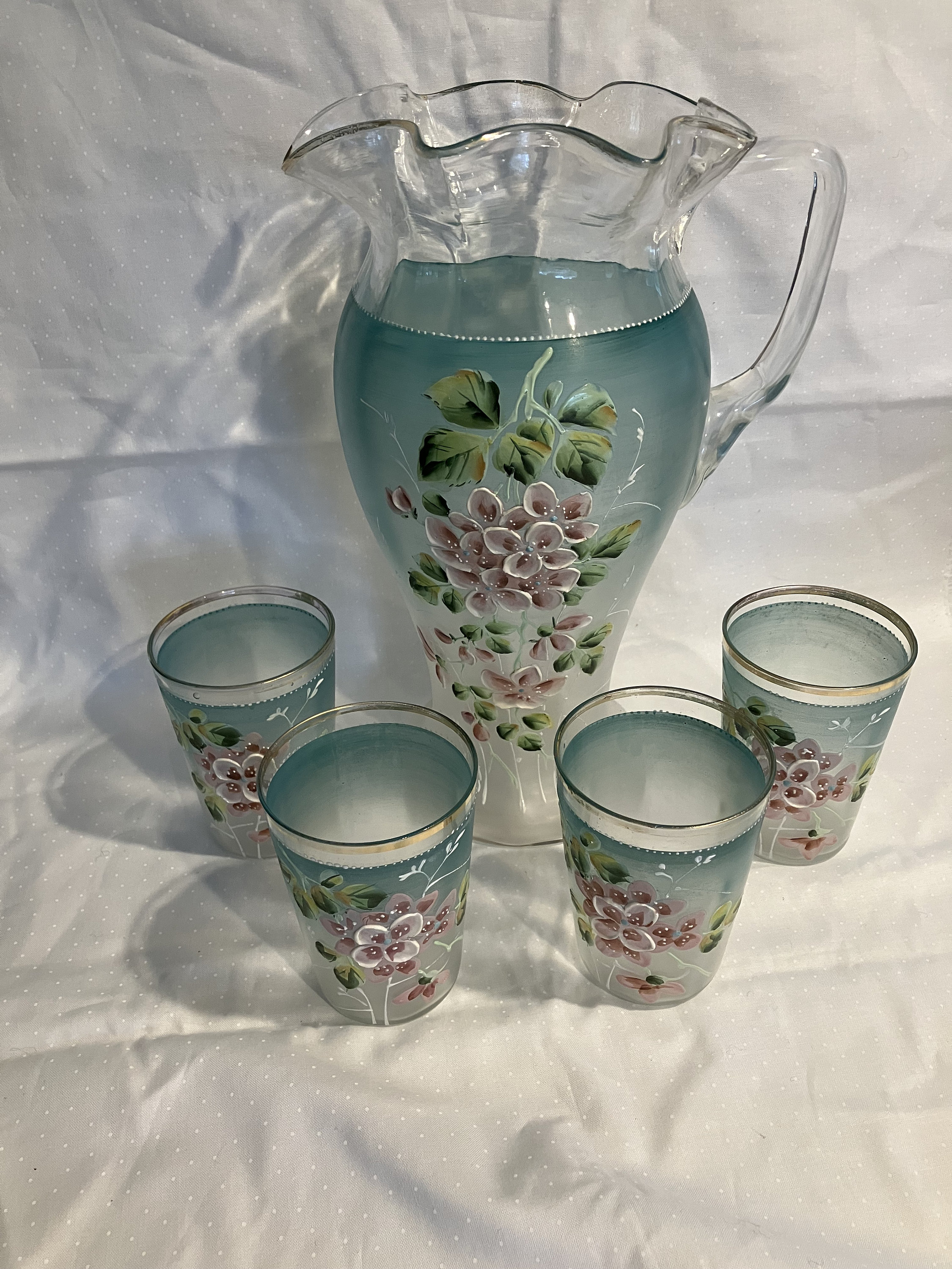 Victorian Hand Painted Glass Pitcher and glasses DEB) Victorian Hand Painted Glass Pitcher and glasses DEB)