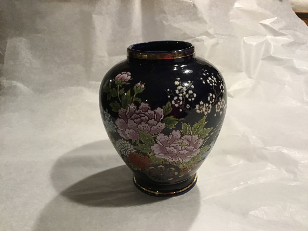 Cobalt Blue Kutani Vase With Floral Decoration Etsy