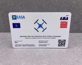 A1/A3 drone driving license, ID card, print on plastic card, drone LBA, license, proof of competence, also A2, Switzerland and EU,
